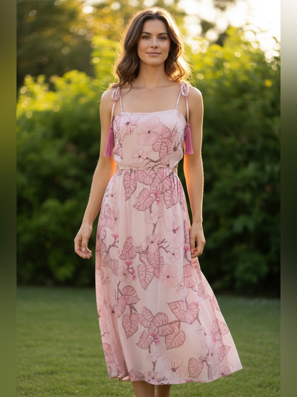 🌸 Porto de Almas | Pink Floral Linen Midi Dress | Size Large